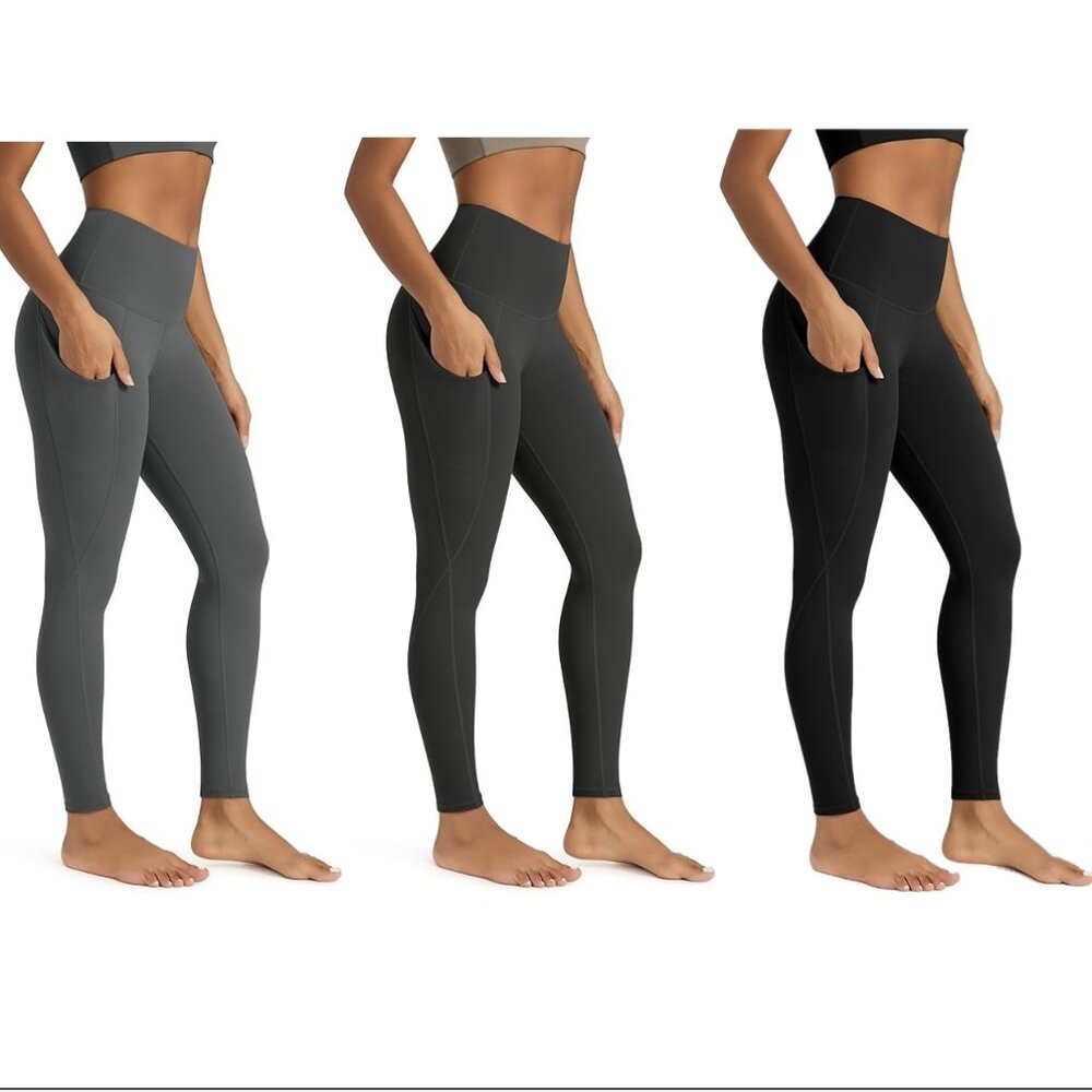 3 Pairs!  Women's High Waisted Yoga Leggings with Pockets & Tummy Control